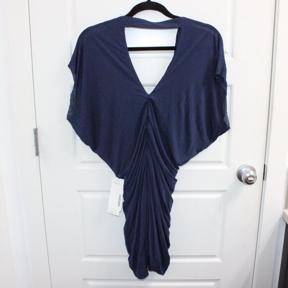 Yigal Azrouel Short Sleeve V Neck Midi Dress Ruched Navy - Picture 3 of 4